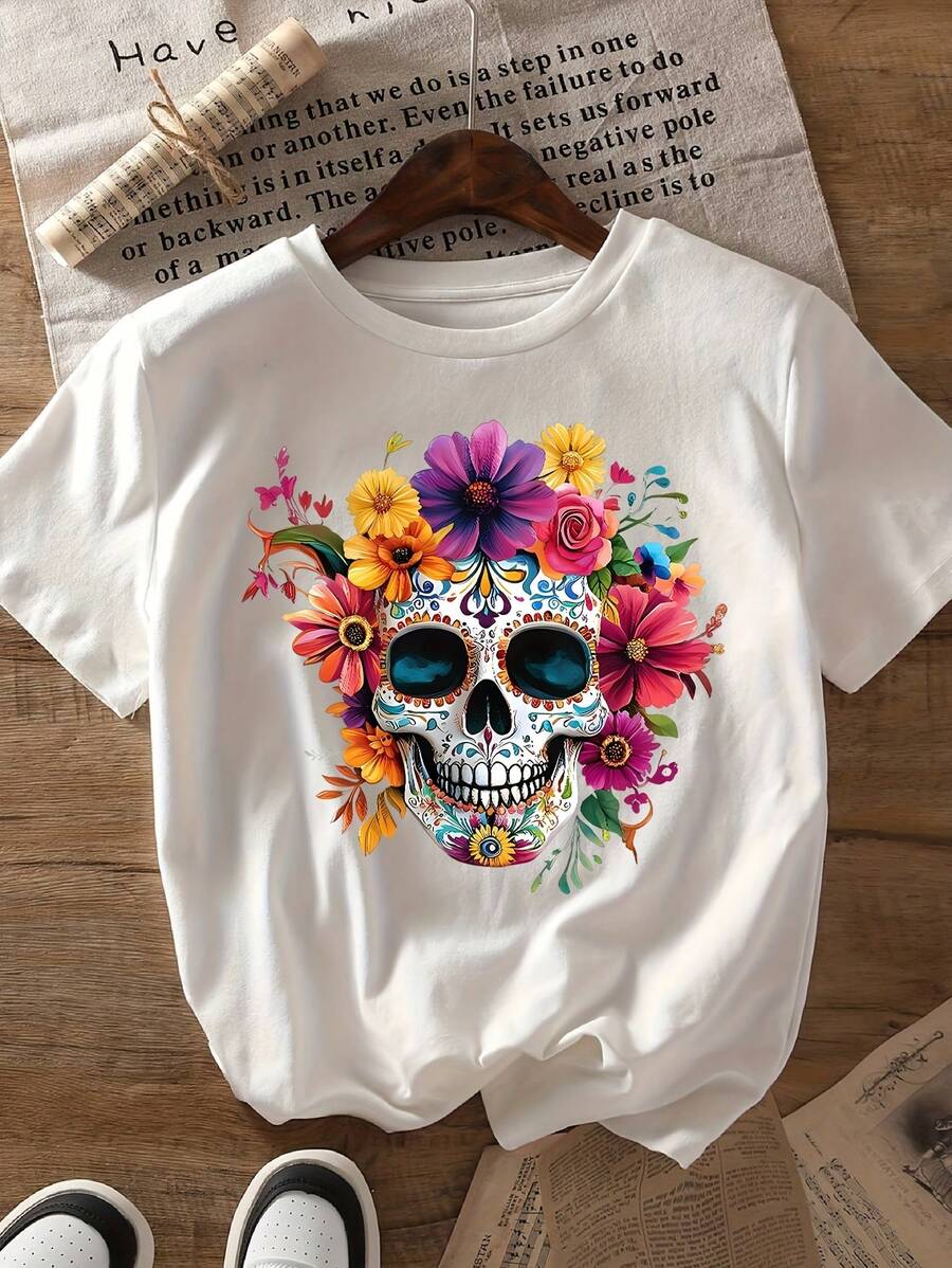 Camiseta de algodón de manga corta para mujer A581 [Camiseta de manga corta con estampado floral colorido de calaveras y cuello redondo] - Blanco - Ver 1