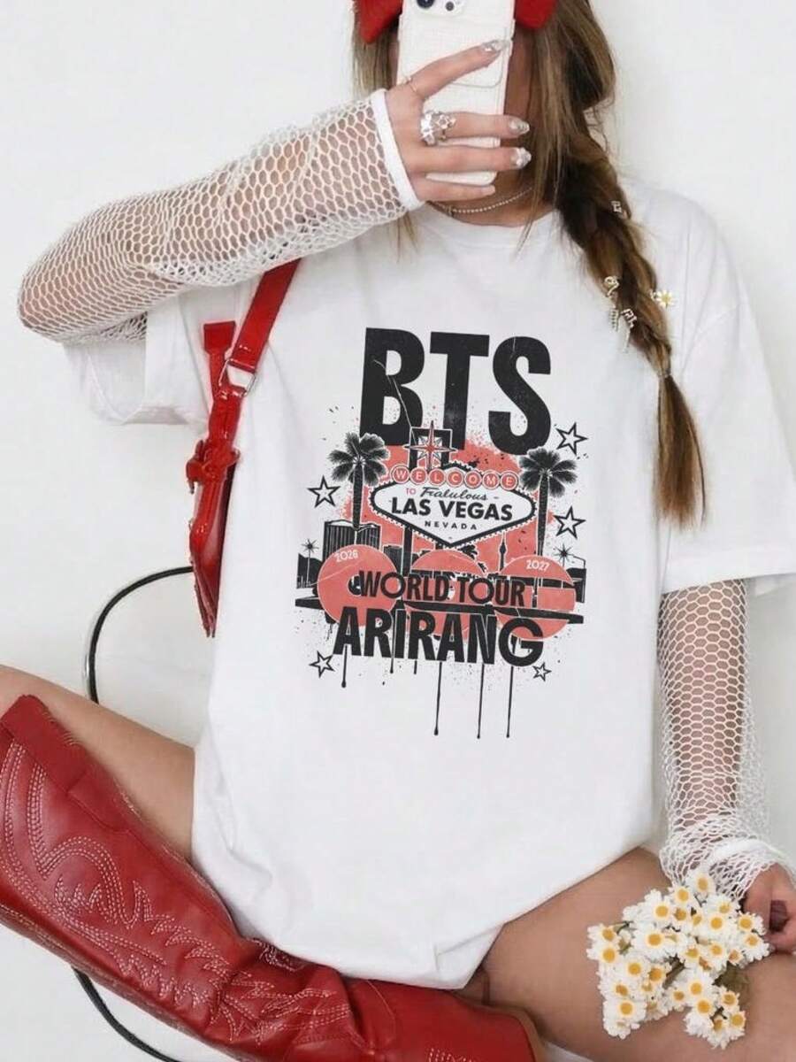 Vegas 2026 Konsertmerch, Arirang Tour Nevada Fanskjorta, Bangtan Army Present Party Outfit, Vardagskläder, Semesterkläder, Utomhuslek, T-shirt, Sommarkläder, Konsertkläder - Vitt - Visa 1