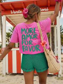Camiseta de mujer, estilo gráfico casual de calle de manga corta, top de verano lindo, conjuntos de ropa de vacaciones de mujer, ropa de verano de mujer, blusas de mujer para el verano, ropa de vacaciones de mujer, conjuntos de ropa de vacacione - Rosa Fucsia - Ver 3