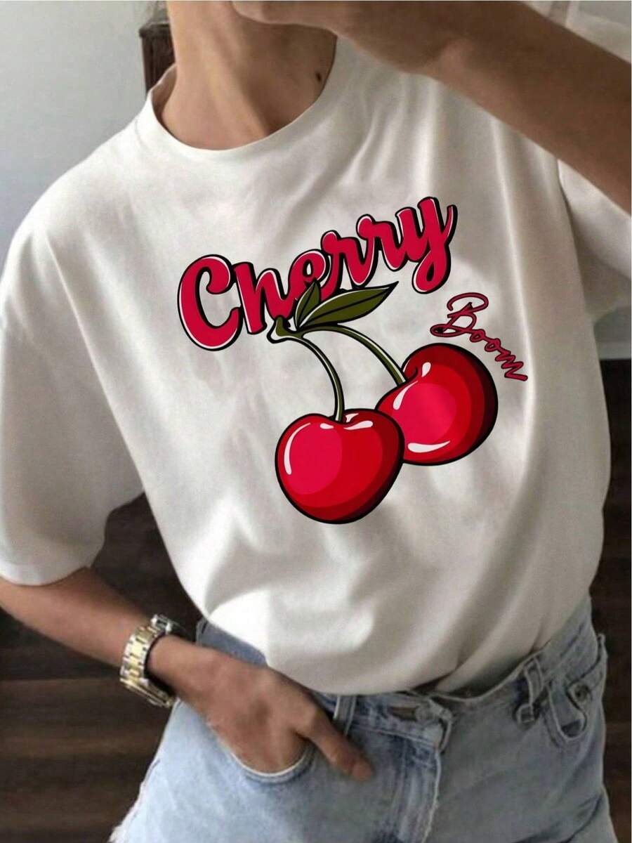 YOCASA Women's Casual Summer T-Shirt, Round Neck, Fitted, Short Sleeve, With Oil Painting Print, Floral, Heart, Cherry, And Letter Patterns. Simple Casual Fabric, Sporty Style, Ideal For Everyday Wear And Valentine's Day Dates. 1 Piece, 180g Pure Heavy, 95% Polyester 5% Spandex. 100% Cotton Durable - [白色的] - 查看 1