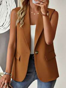 Blazer sin mangas de estilo elegante de color verde oliva para mujer, chaleco casual con solapa y botón en tela tejida lisa, corte regular - Café integral - Ver 1