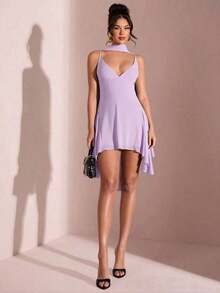Vestido corto de gasa con escote en V profundo y cinta de color negro sólido, adecuado para citas diarias, salidas nocturnas, discotecas, fiestas, reuniones, fiestas de cóctel, monos de vacaciones, fiestas en la piscina, ropa de oficina, vestidos para ir y venir - Púrpura malva - Ver 5