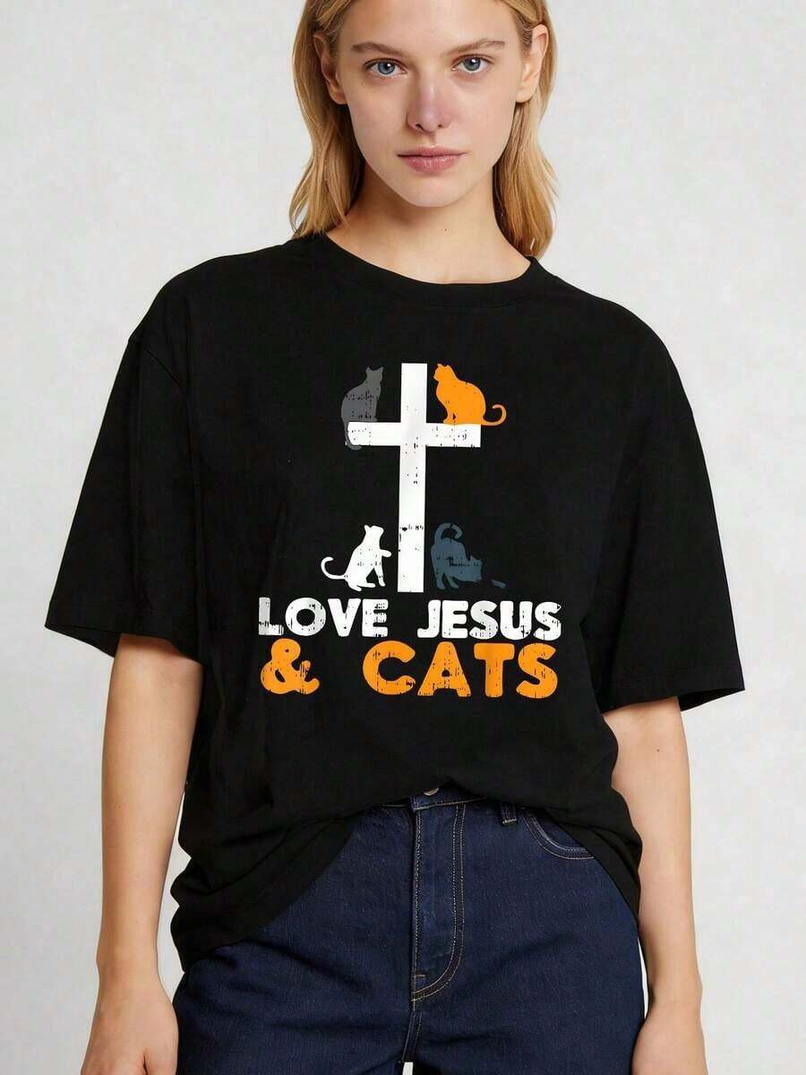Camiseta con estampado de cruz, amor, Jesús, gatos, animales, dios, cristiano, regalo para amantes de las mascotas, camiseta de manga corta con cuello redondo, top casual para primavera/verano, graduaciones y atuendos casuales, atuendo casual cómodo, corte relajado para la moda femenina. - Negro - Ver 1