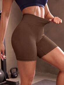 TCVC Seamless Ribbed Texture High Waist Shaping Tight Peach Butt Sports Shorts - Coffee Brown - View 1