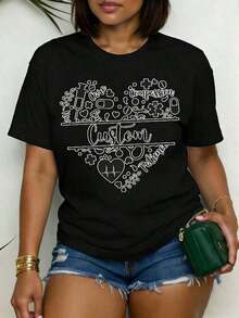Camiseta Casual de Algodón 100% para Mujer, Talla Grande, con Estampado Divertido, Cuello Redondo, Manga Corta, Símbolos Médicos (Corazón, Estetoscopio, Compasión, Paciencia), para Enfermeras, Médicos y Trabajadores de la Salud, Regalo para el Día de la Enfermera, Cumpleaños o Días Festivos - Negro - Ver 1