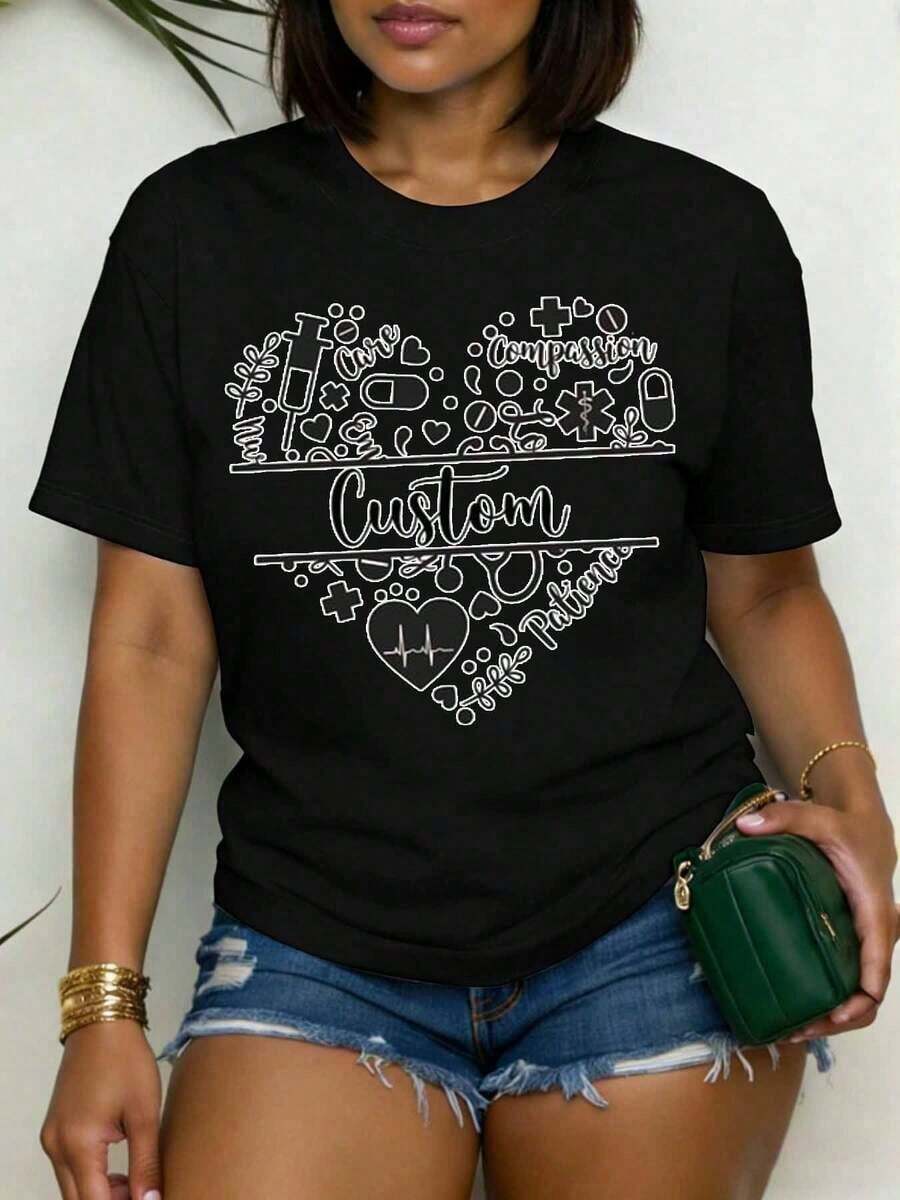 Camiseta Casual de Algodón 100% para Mujer, Talla Grande, con Estampado Divertido, Cuello Redondo, Manga Corta, Símbolos Médicos (Corazón, Estetoscopio, Compasión, Paciencia), para Enfermeras, Médicos y Trabajadores de la Salud, Regalo para el Día de la Enfermera, Cumpleaños o Días Festivos - Negro - Ver 1
