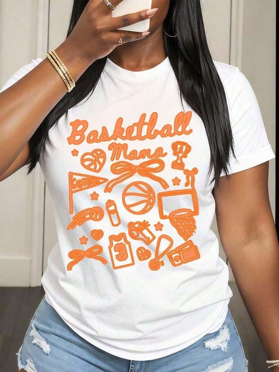 Women's "Basketball Mama" T-Shirt, Basketball Mom T-Shirt With Sports Icons And Orange Design, Perfect For Game Day And Mother's Day Celebrations, Summer Clothing - 白色 - 查看 1