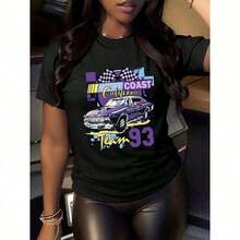 Women's Purple Car Print T-Shirt - Long Sleeve, Crew Neck, Elastic, With Christmas Slogan Print For Festive Wear. Casual Short Sleeve Crew Neck Drop Shoulder T-Shirt For Women, For Summer Wear. - 黑色 - 查看 8