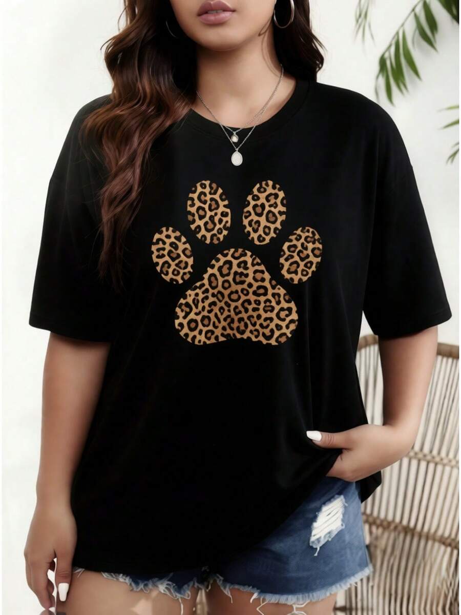 Women's Casual Leopard Print Sports T-Shirt - Black Stretch Crew Neck T-Shirt, Machine Washable And Suitable For All Seasons. Perfect For Pairing With Distressed Shorts, This Leisurewear Piece Features A Modern Design And Opaque Fabric That Ensures Comfort And Style For Any Occasion. - 黑色 - 查看 1