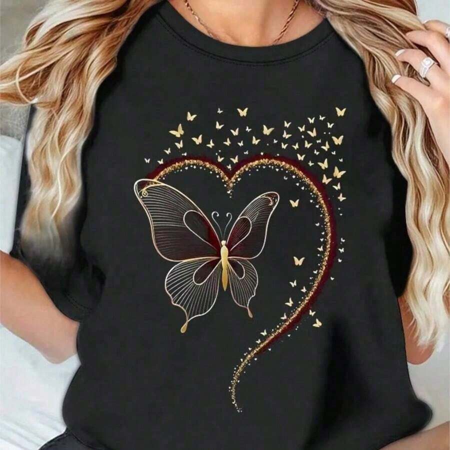 Personalized Blouses For Women. White Crew Neck T-Shirt Decorated With Butterfly And Heart Prints – A Romantic, Modern, And Nature-Inspired Theme. Loose-Fitting, Unisex, Short-Sleeved Cotton T-Shirt In A Vintage Urban Style For Women. - 黑色 - 查看 1