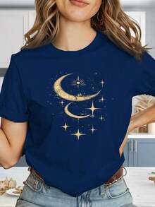 Comfortable And Stylish Women's T-Shirt "Moon Phases And Stars" In Y2K Style With Oversized Logo And Geometric Print - Slim-Fit Short-Sleeve Top, Black And Gold Color Combination, Casual Summer Wear, Machine Washable Stretch Fabric (Anti-Wrinkle), Suitable For Casual Wear And To Match With Other Garments. - 藍色 - 查看 1