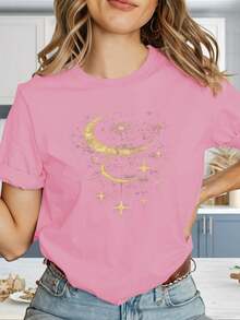 Camiseta cómoda y elegante para mujer "Fases Lunares y Estrellas" en estilo Y2K con logo de gran tamaño y estampado geométrico - top de manga corta de corte ajustado, combinación de colores negro y dorado, ropa casual de verano, tela elástica lavable a máquina (antiarrugas), adecuada para uso casual y para combinar con otras prendas. - Negro - Ver 10
