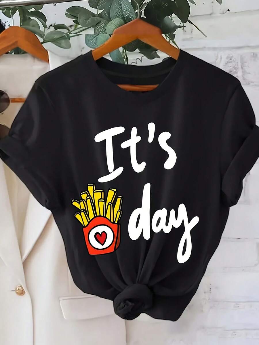 Women's Casual Crew Neck T-Shirt - "It's Day" Print T-Shirt With French Fries Design, Short Sleeve Black Top For Spring/Summer/Autumn, Casual Wear | Fun Design T-Shirt | Y2k Shiny Fabric T-Shirt - 黑色 - 查看 1