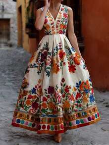 Spring/Summer New Women's Dress, Summer Vacation Outfit, Women's Apparel, Holiday Dress, White Base With Multicolor Floral Print, Sleeveless V-Neck Cinched Waist Flared Maxi Dress, Fashionable Summer Country Style, Elegant Palace Style, Daily/Beach/Vacation Bohemian Dress, Versatile - Multicolor - View 4