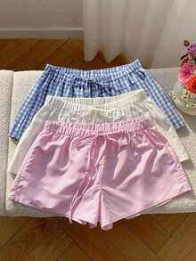 3 pantalones cortos sueltos y casuales con cintura de atar para mujer - Multicolor 8 - Ver 4