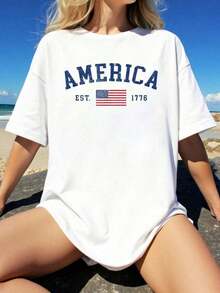 Camiseta 100% Algodón con Bandera Americana, Estados Unidos, 4 de Julio, Camisetas de Verano, Camisetas Blancas con Estampado Gráfico para Mujer - Blanco - Ver 6