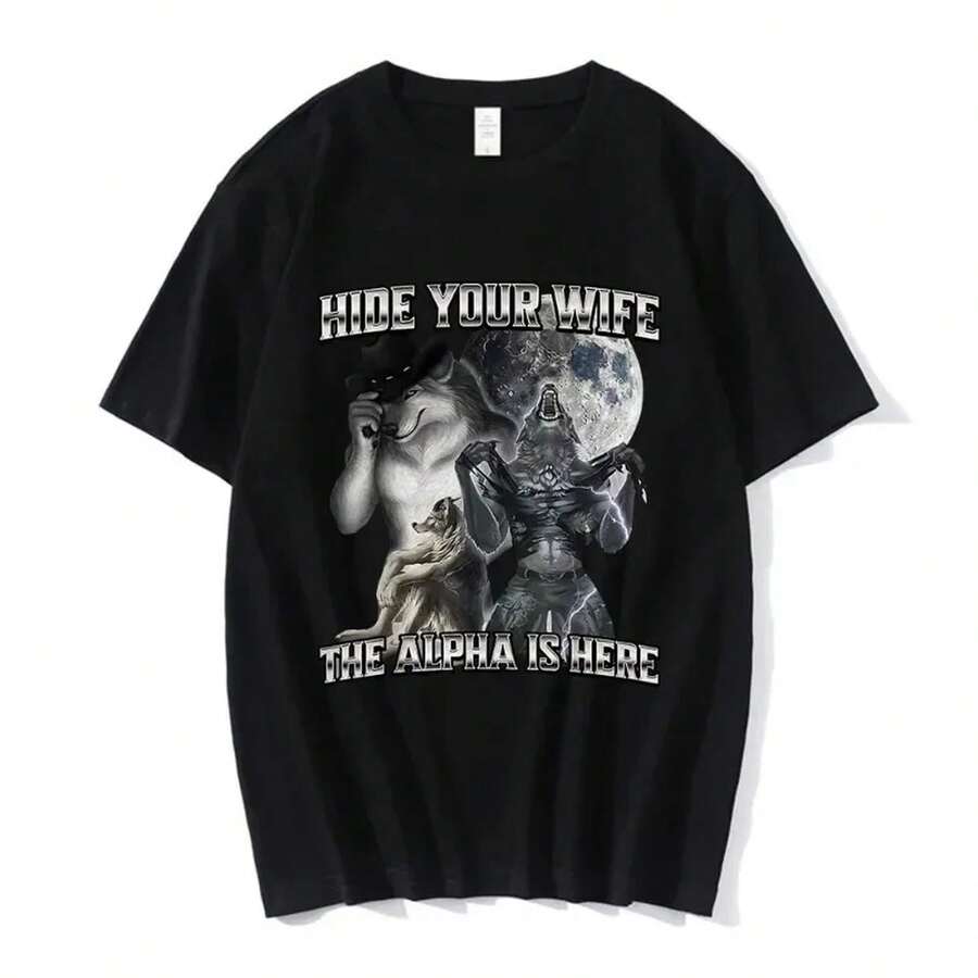 Camisetas divertidas con el meme del lobo "Esconde a tu esposa, el alfa está aquí" para hombres y mujeres. Camiseta de moda hip hop 100% algodón. Camisetas casuales de 220 g de algodón suave para hombres y mujeres, confeccionada con tela premium duradera y agradable para la piel, de tacto suave, adecuada para todo tipo de cuerpo y para uso diario. Camisetas casuales transpirables y ligeras, conjuntos elegantes para otoño, perfectas para la vida diaria, actividades al aire libre, viajes, vacaciones y diversas fiestas temáticas durante todo el año. - Negro - Ver 1