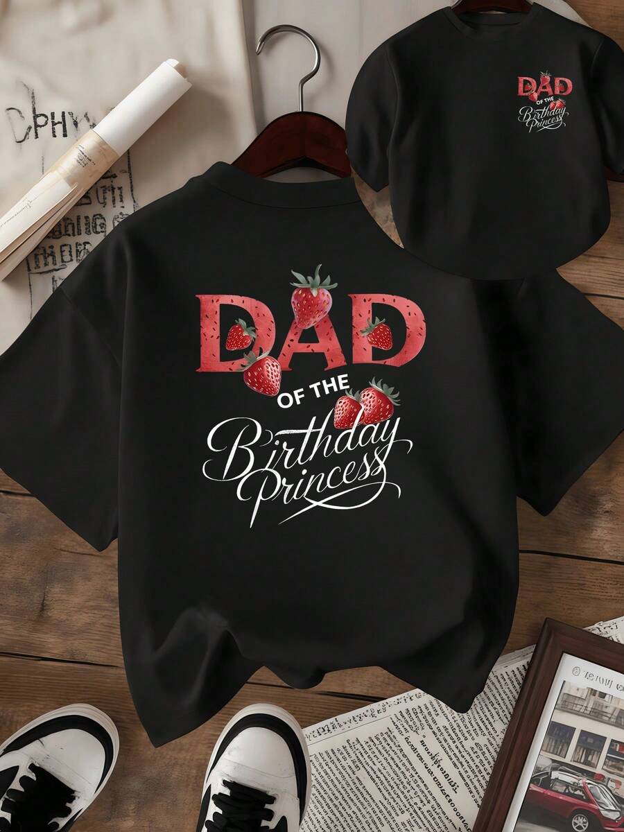 Bright Red Strawberries Symbolize Sweetness And Family Love, Accompanying Lettering That Expresses Pride And Tenderness. "Dad Of The Birthday Princess" Reflects Unity And Joy. Double-Sided Women's T-Shirt For Special Occasions. - màu đen - Xem 1