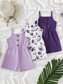 3件組女嬰夏季時尚百搭碎花純色羅紋鈕扣裝飾拼接吊帶連身褲，適合戶外穿著 - 紫色 - 查看 2