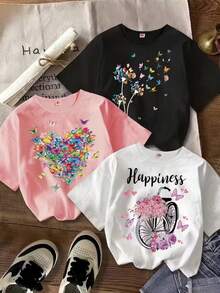 New Women's Fashion T-Shirt, With Butterfly, Flower And Letter Print, Round Neck, Plus Size, Pure Cotton, Loose And Flattering, Local Delivery, Fashionable Casual Top, Casual Style, Round Neck, Slightly Stretchy. - 白色 - 查看 7