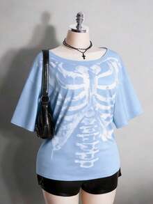 Colección verano 2026. Camiseta holgada mujer talla grande, estampado calavera y rosa gótico punk, estilo retro vanguardista. Tallas 3–7XL, apta otoño-invierno. Envío gratis 24h. - Azul - Ver 10
