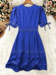 Clasi Vestido mini de manga abullonada con ribete de encaje de unicolor para mujer, para verano - azul real - Ver 2