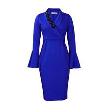 Nuevo 2026 Vestido Mujer Otoño Invierno Cuello en V Manga Abierta con Abertura Corte Ajustado Estilo Elegante - Azul - Ver 3