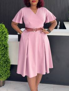 Vestido informal de línea A para mujer, nueva colección verano estilo europeo-americano, cuello en V y mangas abullonadas - Rosa + Cinturón - Ver 1