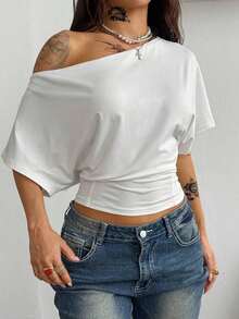Camiseta esencial de uso diario con cuello asimétrico y cintura ceñida, apta para todo el año, para conciertos y raves con estilo Y2K para mujeres - Multicolor 10 - Ver 7