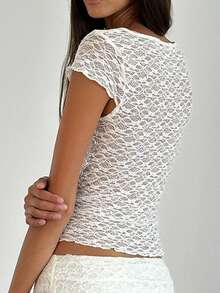 2026 New Women Lace Crop Top Square Neck Short Sleeve Sheer Blouse With Ribbon Bow Suitable For Going Out In Summer - White - View 5