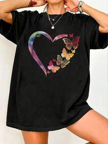 Women's Summer Fashion Short Sleeve T-Shirt Casual Outdoor Fashion 'Love And Butterfly' Relaxed Print Casual Shirt - 黑色 - 查看 1