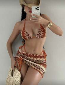 2026 New Wave Pattern Knit Bikini Three-Piece Set Beach Vacation Halter Neck Tie Swimwear For Women - Light Curry Color - View 6