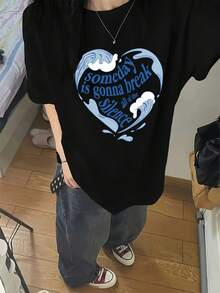 Camiseta de manga corta para mujer, de primavera y verano, con cuello redondo, casual, multifuncional y estampada - Negro - Ver 1