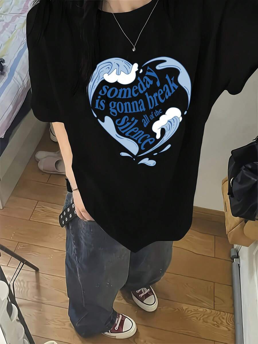 Camiseta de manga corta para mujer, de primavera y verano, con cuello redondo, casual, multifuncional y estampada - Negro - Ver 1