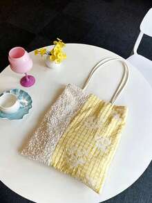 2026 Summer Limited Edition Custard Yellow Plaid Lace Tote Bag, Sequin Patchwork Niche Design Shoulder Bag - Yellow - View 5
