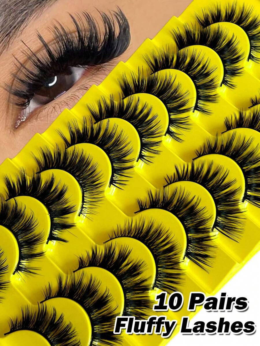 10 Pairs Natural Eyelashes Wispy And Crossed Lashes Daily Eye False Eyelashes Fluffy & Soft 3D Effect Spiky Faux Mink Lashes Soft Makeup - Black - View 1