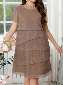 Reflora Vestido de moda con cuello redondo, mangas con volantes y estampado floral para mujer de talla grande - Marrón 2 - Ver 7