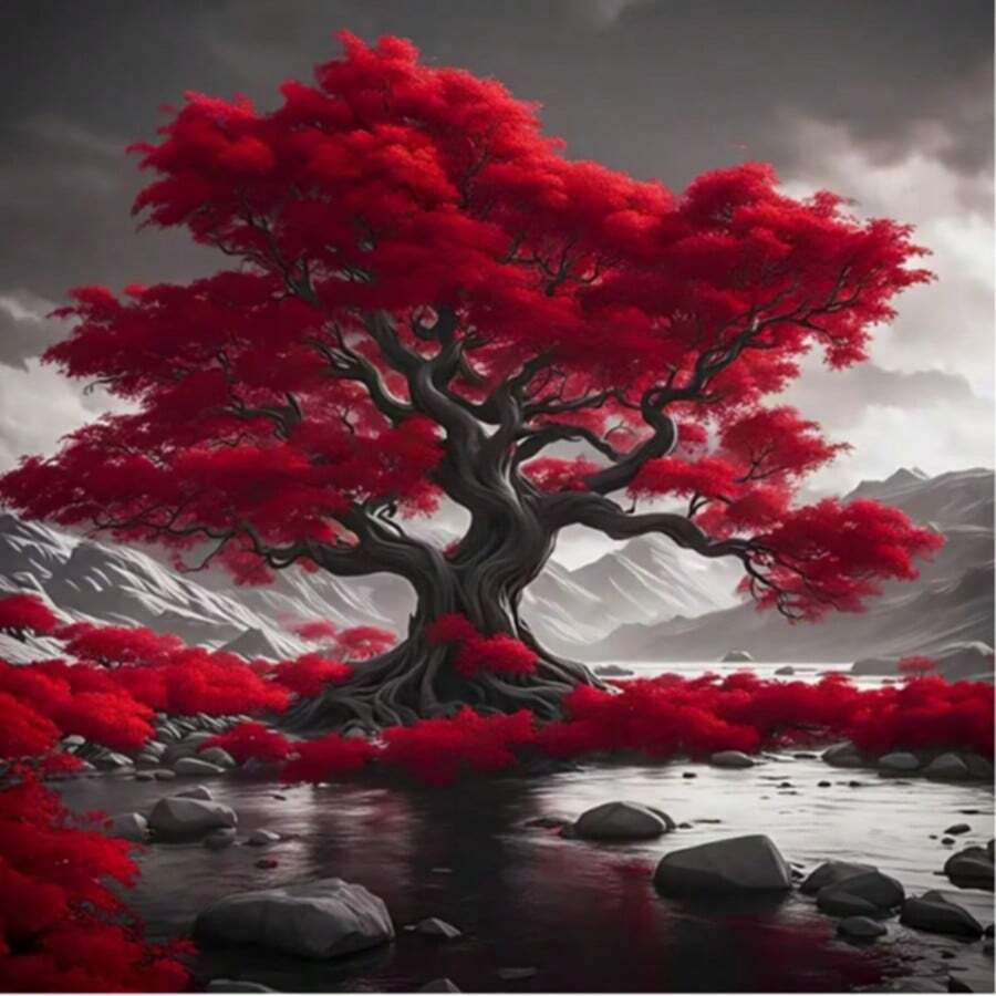 1 Set 5D Diamond Painting Kit, Artistic Five-Dimensional Round Diamond Painting Of Red Leaf Tree Landscape, Acrylic PMMA Material, Frameless Home Decor Painting, Relaxation And Gift Use. 20x20cm/7.9x7.9 Inches - View 1