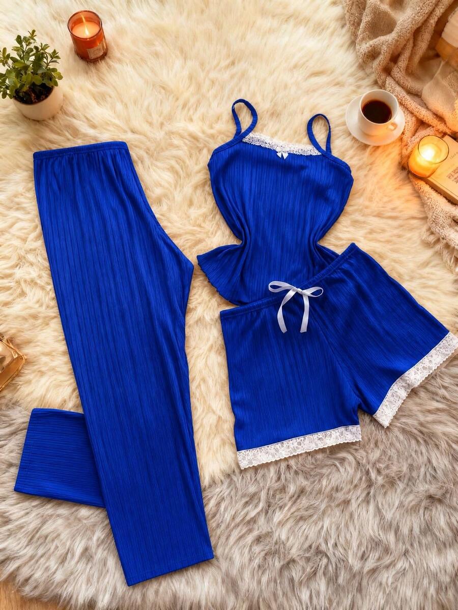 Women's 3-Piece Trio Pajama Set: Tank Top, Shorts, And Pants. Comfortable Ribbed Fabric. - Royal Blue - View 1
