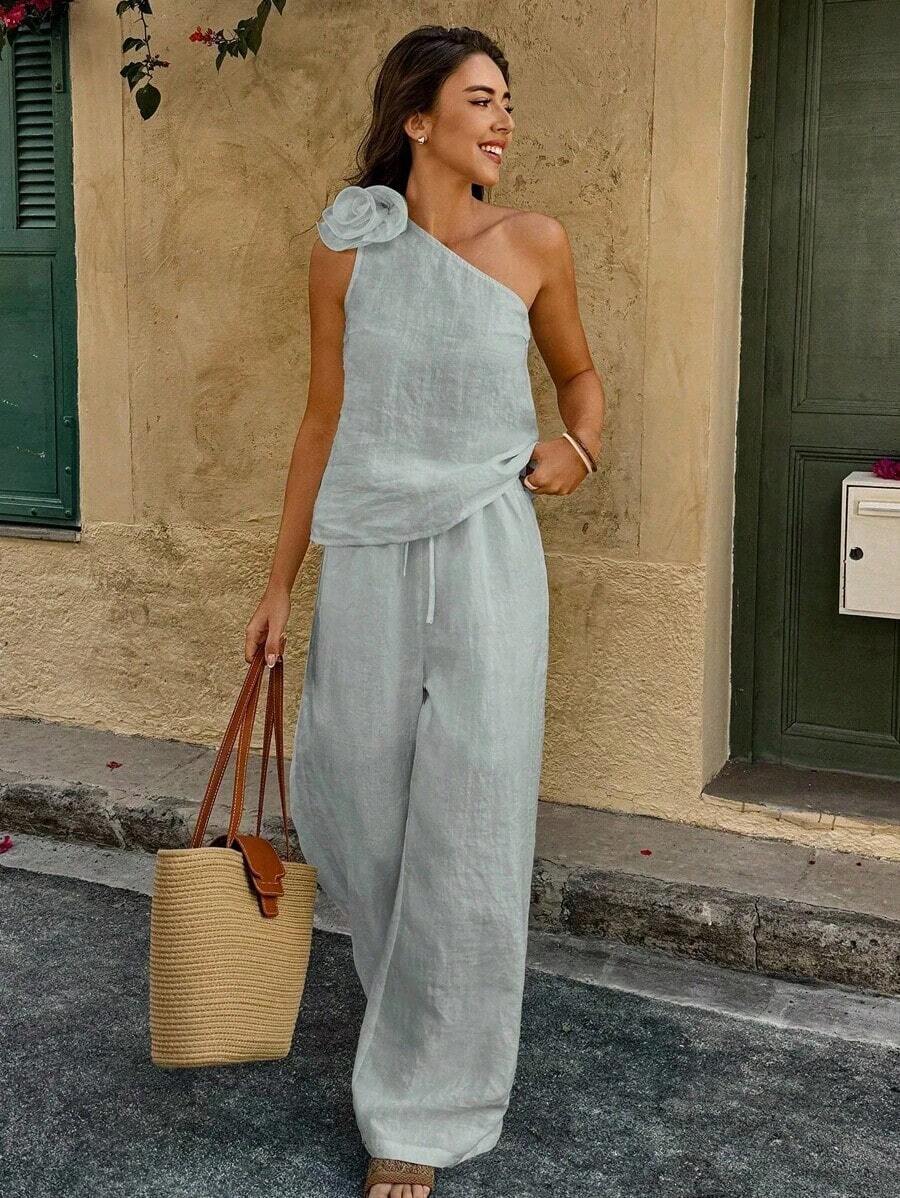 Set de 2 piezas de top con cuello asimétrico de unicolor y pantalones de pierna ancha, estilo de vacaciones para mujer - Lavado ligero - Ver 1