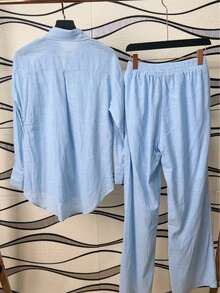 Linen Shirt And Pants Set, 2 Pieces, Lined With Elastic. - azul claro - Ver 8