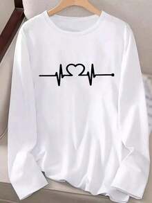 Women's Graphic T-Shirt, Long Sleeve, Round Neck, Basic, Comfortable, Cool, Lightweight, Modern, Youthful, Casual, Urban, Soft, Cool Print, Heart, Stripes, Lines, Pulse, Zigzag - 白色的 - 查看 5