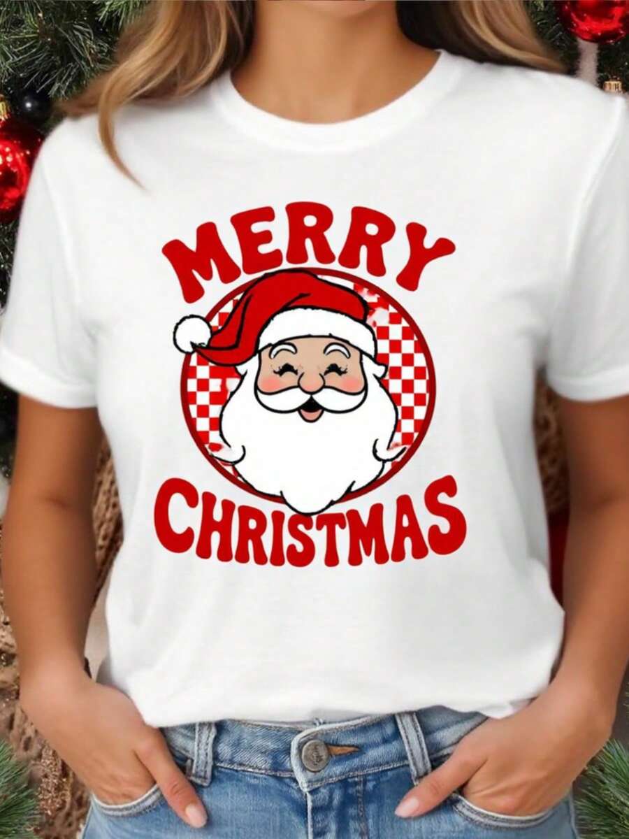 Felices vacaciones S Claus Gráfico. Camiseta ligera de cuello blanco de la tulación de las mujeres, cómodo casual de manga corta