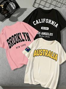 Camiseta Estampada de Moda Femenina Australiana, Brooklyn, California, Camiseta Casual de Manga Corta para Mujer - Negro - Ver 8