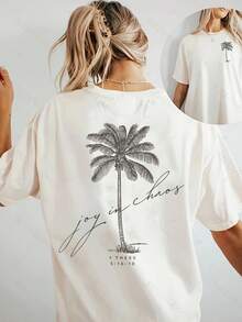 Camiseta de Hombros Caídos con Estampado de Cocotero, Manga Corta, Cuello Redondo, Estilo Casual para Primavera y Verano, Ropa de Mujer Y2k - Negro - Ver 2