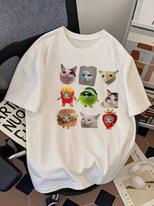 Y2K Women's Summer Casual Loose Long Sleeve T-Shirt - Fun Kitten Print, Round Neck And Short Sleeve Design With Dropped Shoulders, Breathable And Machine Washable Top, Cute Retro Casual Wear, Easy To Match, Adult Women's Clothing. - 白色 - 查看 10