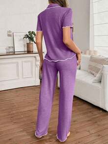 Mono de verano de punto ligero y suelto con volantes, de tela roja, de estilo casual y holgado para mujer - Morado 2 - Ver 2