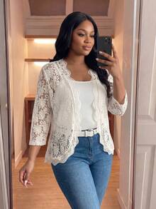 SHEIN Lady CURVE Áo khoác ren tương phản tay 3/4 hở phía trước cỡ lớn cho nữ mùa thu & mùa thu, trang phục công sở thường ngày cho nữ - Màu be - Xem 1
