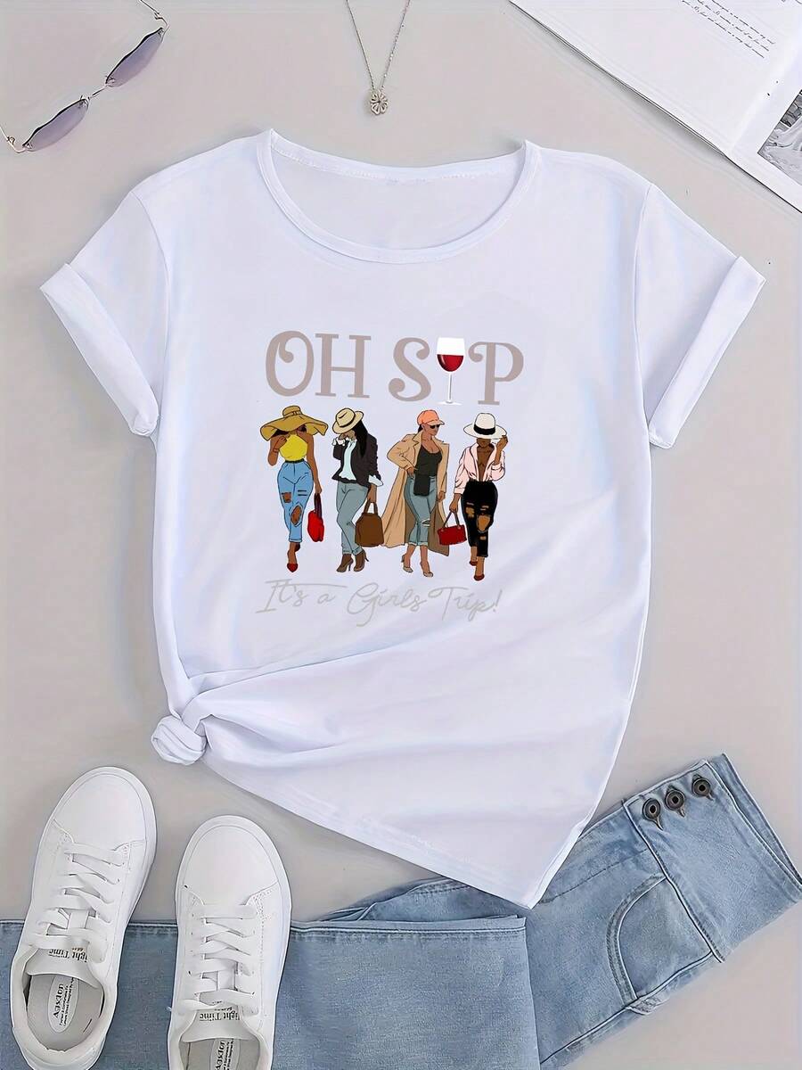 Camisetas Deportivas Casuales Gráficas Con Figura De Mujer A, Camisetas De Manga Corta Con Cuello Redondo Para Mujer, Camisetas De Mujer - Blanco - Ver 1