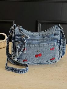 Túi đeo chéo nhiều lớp bằng vải jeans mềm mại, phong cách thường ngày, với nhiều ngăn, đa năng, dung tích lớn, phù hợp cho công sở, đi làm, mua sắm và du lịch, hoàn hảo cho phong cách "cô nàng cao bồi". - Màu xanh lam - Xem 5
